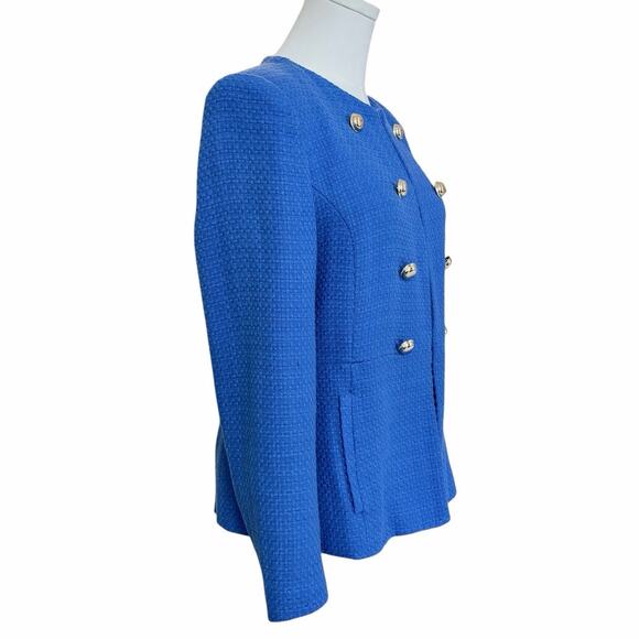 Zara Textured Blue Blazer Jacket Gold Buttons Hook Eye Closure Cotton Medium - Picture 7 of 16